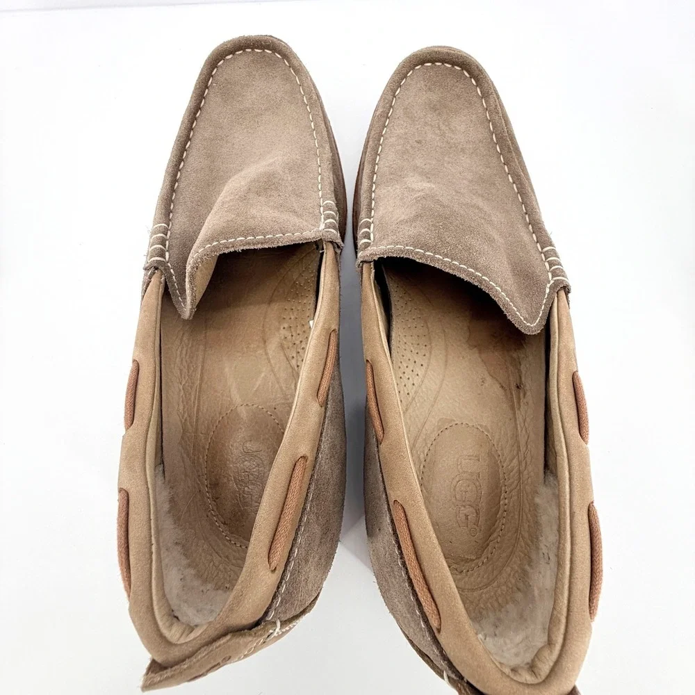 UGG Dex Men 10.5 Taupe Suede Wool Lined Loafers Slip On 1103901